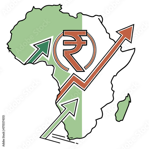 Vector art of african economy growth concept africa map with upward arrows, rupee symbol, symbolizing trade, economic expansion, and market development in a connected world
