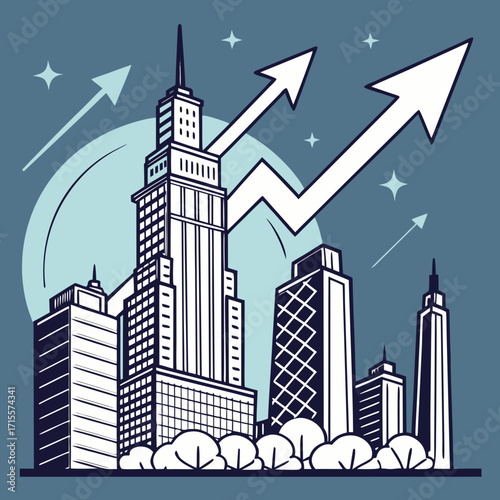 Vector art of stylized illustration of a cityscape with upward arrows, symbolizing growth and success in urban development and business ventures, set against a backdrop of stars and a bright future
