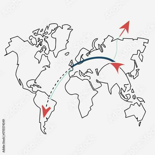 Vector art of a line drawing illustration of a world map with arrows indicating global reach, expansion, and international business connections, symbolizing worldwide growth and market penetration