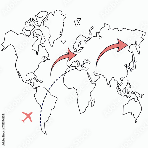 Vector art of a line drawing illustration of a world map with arrows and an airplane, indicating global travel, international destinations, and worldwide business connections