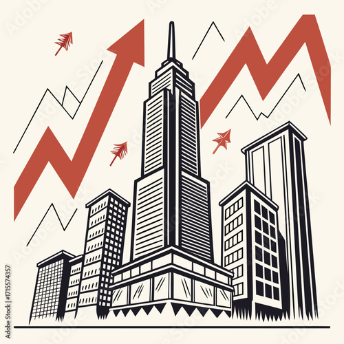 Vector art of vintagestyle illustration of a cityscape with rising arrows, representing economic growth and business success, evoking a sense of progress and achievement in urban development