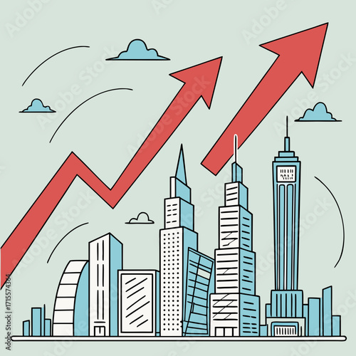 Vector art of illustration showcasing urban growth with upwardpointing arrows over a cityscape, symbolizing economic progress and development in a modern city with a bright and optimistic outlook