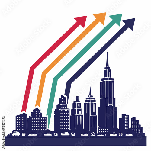 Vector art of colorful arrows pointing up from a city skyline, symbolizing growth and progress, the vibrant colors contrast with the citys silhouette, suggesting a dynamic future
