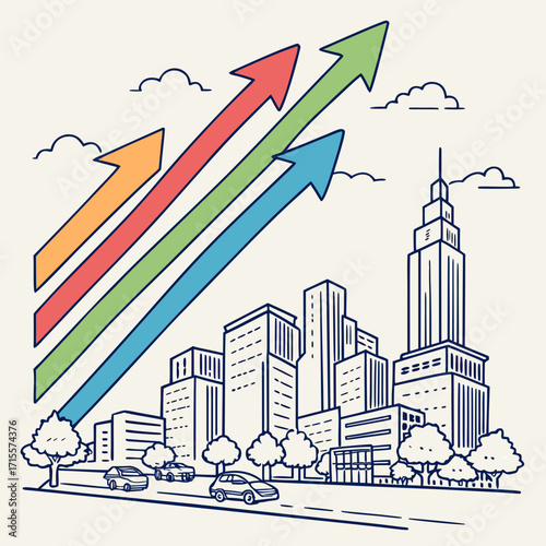 Vector art of hand drawn city skyline with colorful arrows pointing upwards, representing growth and success, the sketch style adds a creative and optimistic touch