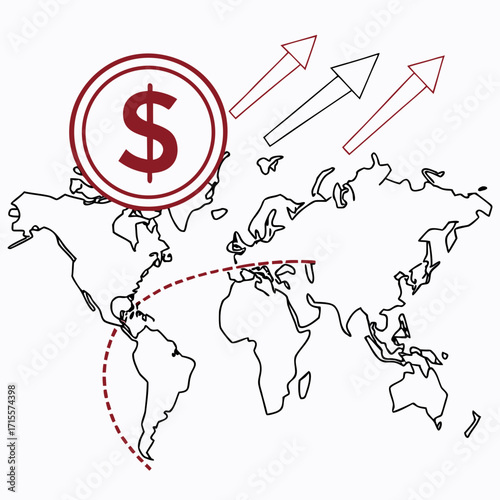 Vector art of global financial growth concept with a dollar sign, world map, and upward arrows, illustrates international investment and economic expansion