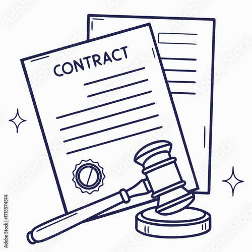 Vector art of a contract and gavel illustration, symbolizing legal agreements, justice, and the enforcement of laws, suitable for legal and business contexts