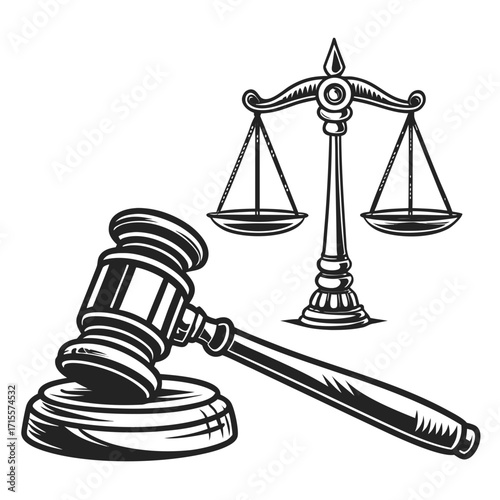 Vector art of a gavel and scales of justice illustration, symbolizing legal proceedings, fairness, and the administration of law, suitable for legal and judicial contexts
