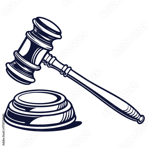 Illustration of a gavel and sound block, symbolizing justice, law, and legal proceedings, rendered in a clean, minimalist style for clarity and impact