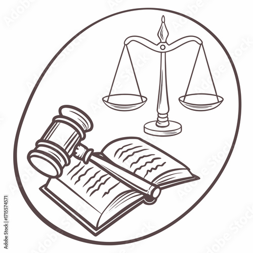 Illustration of justice elements including a gavel resting on an open book and scales of justice, all within an oval frame, ideal for legal themes