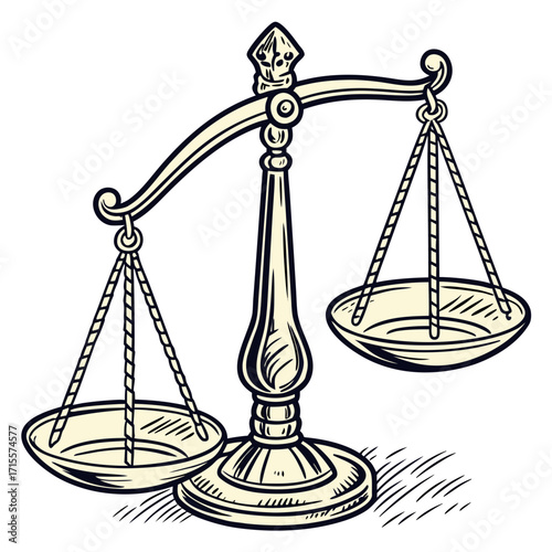 Illustration of a vintage balance scale, symbolizing justice, fairness, and legal proceedings, the scales are evenly balanced, representing impartiality and equity