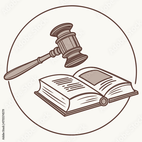 Illustration of a gavel resting on an open book, encapsulated within a circular frame, perfect for legal, educational, or literary themes