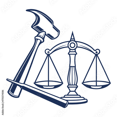 Vector art of graphic illustration of scales of justice, a gavel, and a pen, symbolizing law, order, and legal processes, the image represents the tools of the justice system