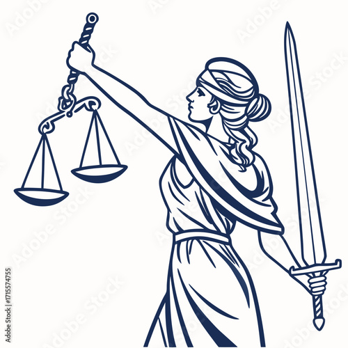 Vector art of themis, the greek goddess of divine law and order, holding scales and a sword, symbolizing justice, fairness, and impartiality