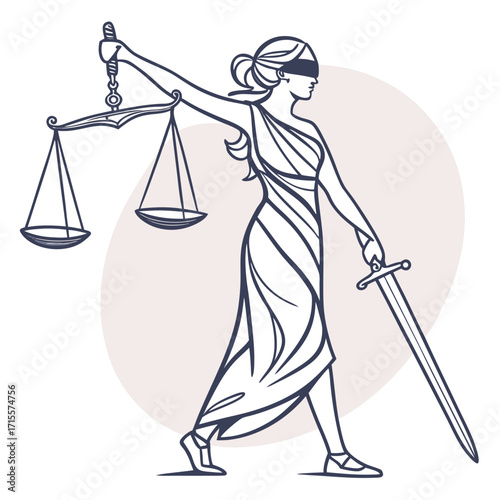 Vector art of themis, the greek goddess of justice, with scales and sword, representing law, fairness, and impartiality, walking forward with determination