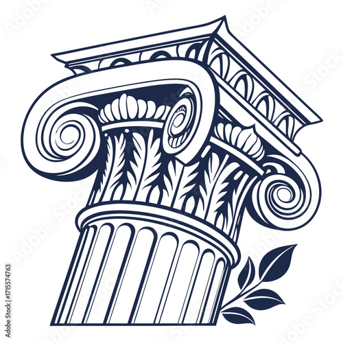Vector art of detailed monochrome illustration of a classical column capital, showcasing intricate architectural details and symbolic representation of history and culture
