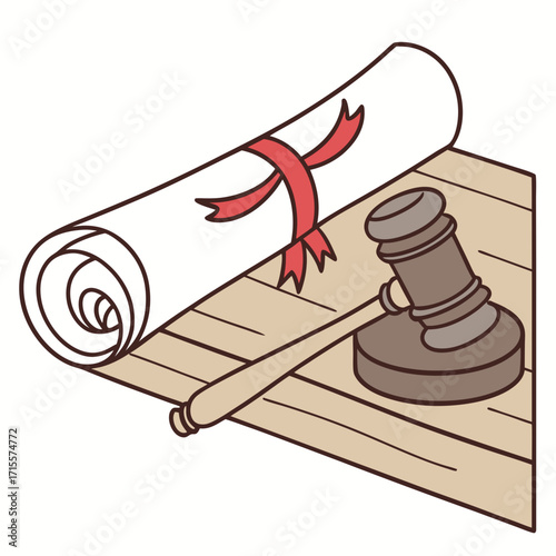Vector art of illustration depicting a gavel and a rolledup document tied with a red ribbon, symbolizing legal proceedings, agreements, or formal decisions