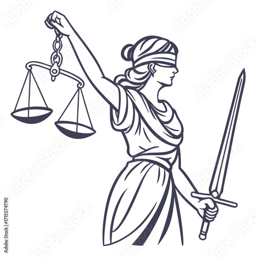 Vector art of themis, the greek goddess of divine law and order, is depicted blindfolded, holding scales and a sword, symbolizing justice, fairness, and impartiality