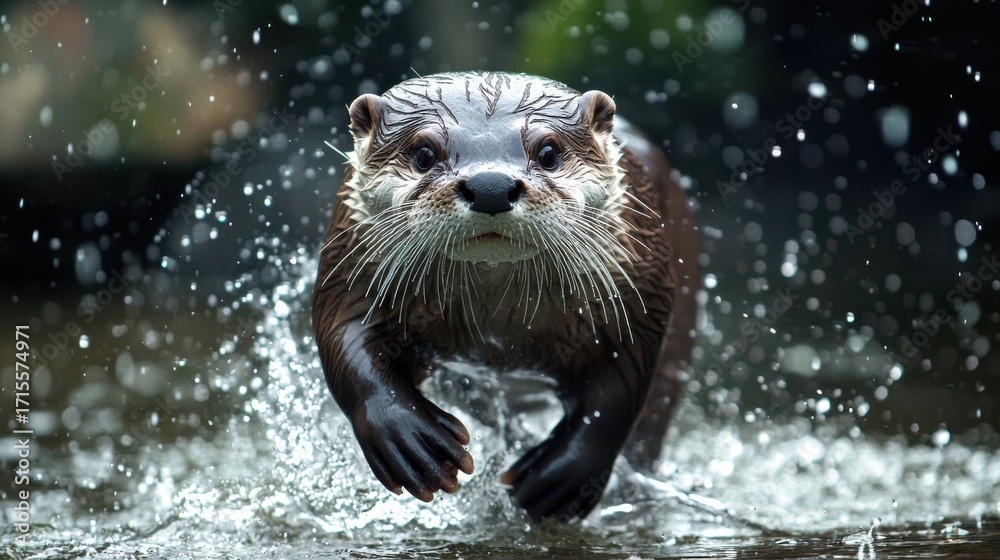 Fototapeta premium Playful Otter Running Through Water Splash