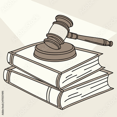Vector art of a gavel rests on a stack of law books, symbolizing legal authority, judgment, and the importance of precedent in the judicial system and the pursuit of justice