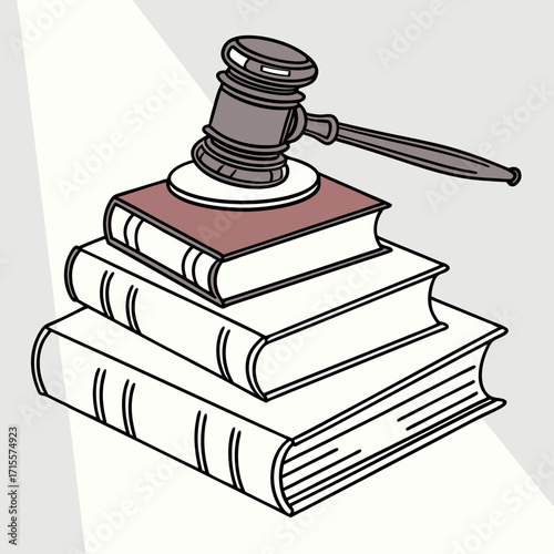 Vector art of a gavel rests atop a stack of law books, symbolizing legal authority, judgment, and the importance of precedent in the judicial system