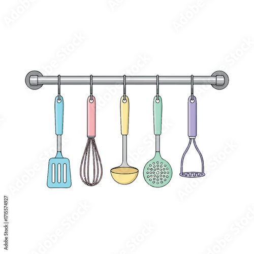 Illustration of various colorful kitchen utensils hanging from a metal rod against a white background.