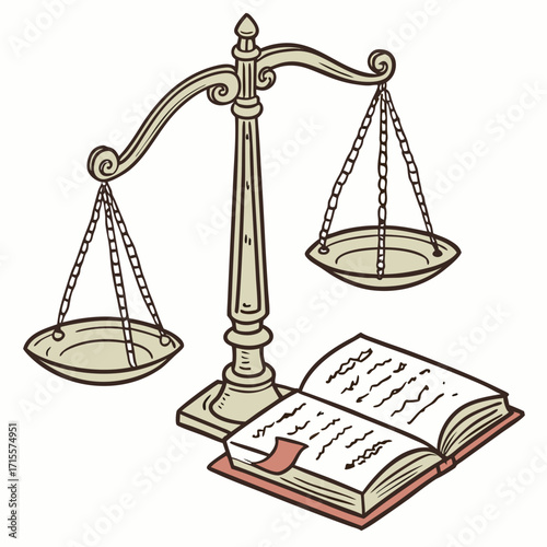 Illustration of scales of justice with a book, symbolizing law and knowledge, suitable for legal, educational, or philosophical themes