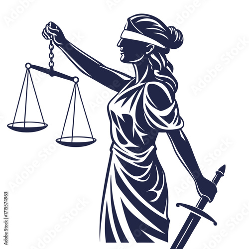 Vector art of themis, the greek goddess of justice, depicted as a blindfolded woman holding scales and a sword, symbolizing fairness and impartiality