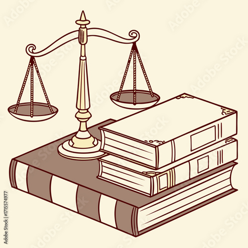 Vector art of a captivating illustration featuring the scales of justice balanced atop a stack of law books, , symbolizing legal balance, jurisprudence, and the pursuit of justice