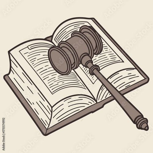 Illustration of a gavel resting on an open law book, symbolizing legal proceedings, justice system, and the authority of the court