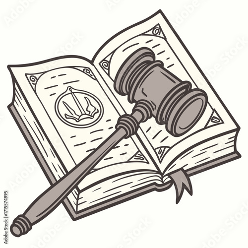 Vector art of an intriguing illustration of a gavel resting on an open law book, , representing legal authority, judicial process, and the pursuit of justice in the courtroom