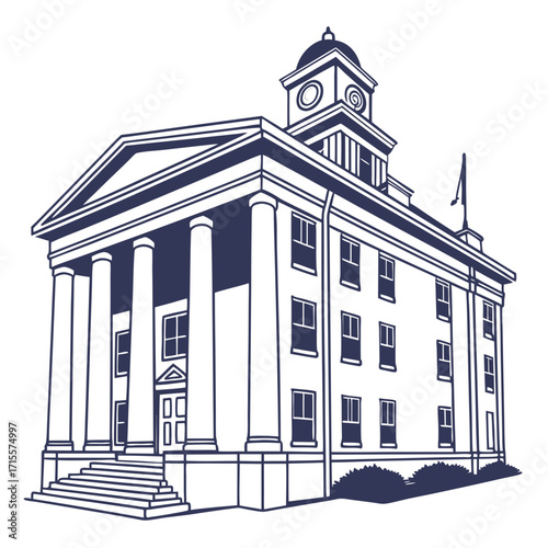 Illustration of a courthouse building with columns and a clock tower, representing the judicial system, government, and legal institutions