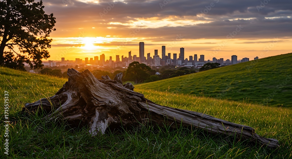 Fototapeta premium Majestic City Skyline at Sunset with Foreground Tree Stump and Grassy Hill