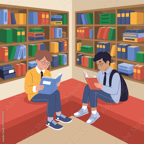 Two students are studying in the library with books and bookshelves