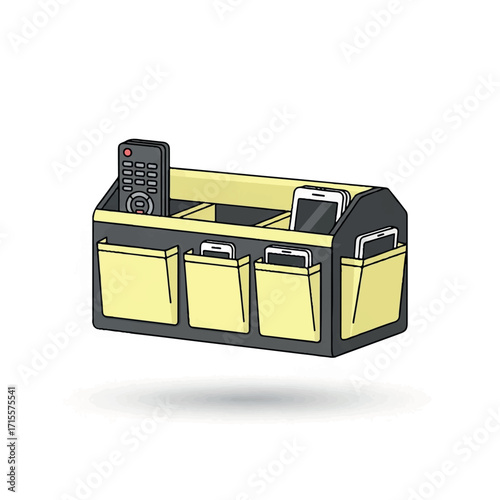 Illustration of a yellow and black desk organizer with a remote control and tablet on a white background.