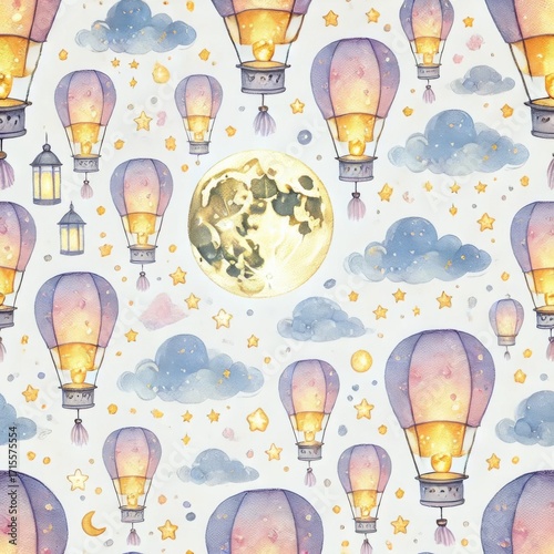 Seamless watercolor pattern with floating lanterns, full moon, stars, and clouds. Dreamy night sky illustration for Loy Krathong festival.