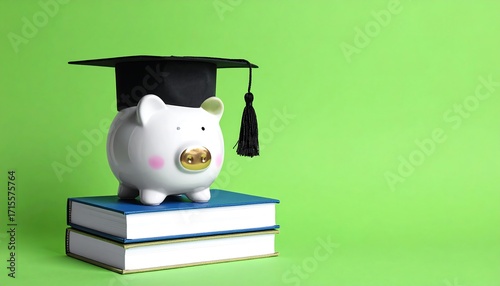 A simple piggy bank wearing a graduation cap sits atop a stack of books, symbolizing future educational savings.