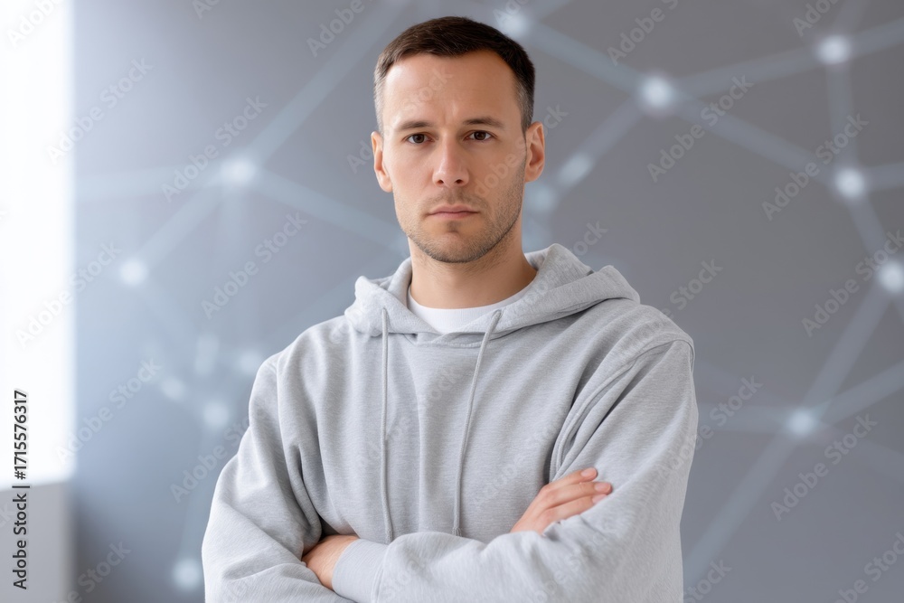 Obraz premium Thoughtful man in casual clothing with arms crossed in modern setting