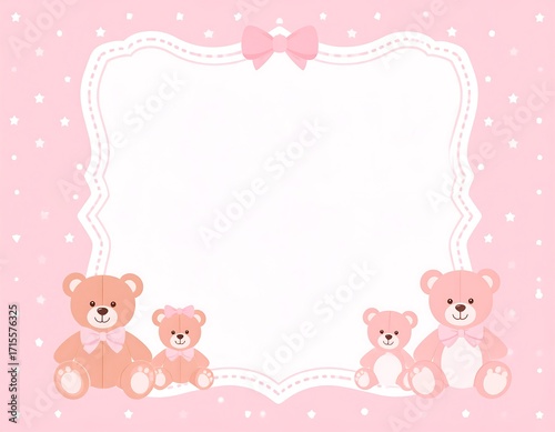 A delicate, feminine design with a white frame and two teddy bears, perfect for a baby girl's announcement.