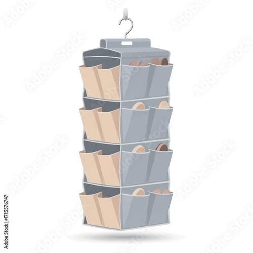 Illustration of a hanging organizer with multiple pockets containing various office supplies on a plain white background.