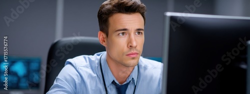 Focused Young Man Working on Computer in Modern Office Environment