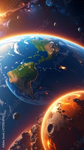 A vibrant depiction of Earth and a fiery celestial body amidst a cosmic clash, showcasing an otherworldly landscape in a dynamic composition.