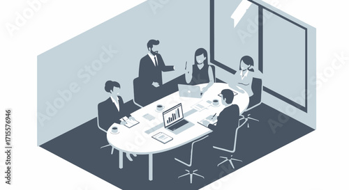 Isometric office team meeting vector illustration workplace workspace business