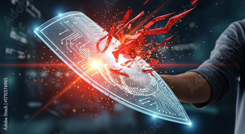 Defend digital assets as a digital shield shatters under intense cyber attack, representing data breach and security threat