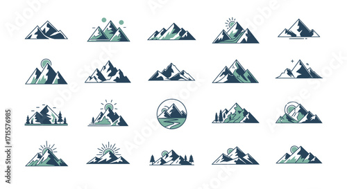 Diverse Mountain Peaks Illustrations Nature Graphic Set isolated