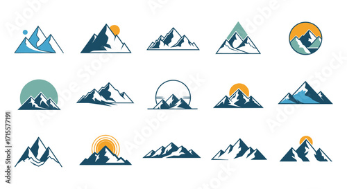Mountain Range Icons Vector Set Minimalist Geometric Style Collection