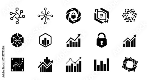 Cryptocurrency and financial chart icons set vector graphics