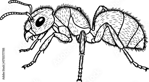 Vector art of detailed black and white illustration of an ant