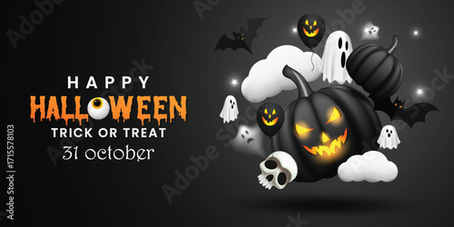 Black color creepy Halloween celebration design with skull, pumpkins, and ghosts. Halloween holiday festival social media poster design template. Spooky Halloween party background vector. 