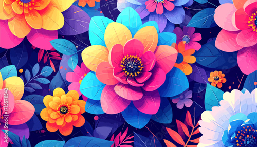 Vibrant abstract floral pattern digital illustration, featuring captivating colorful fantasy blooms and intricate botanical shapes, evoking joy and artistic beauty