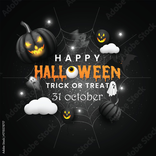 Black color creepy Halloween celebration design with skull, pumpkins, and ghosts. Halloween holiday festival social media poster design template. Spooky Halloween party background vector. 